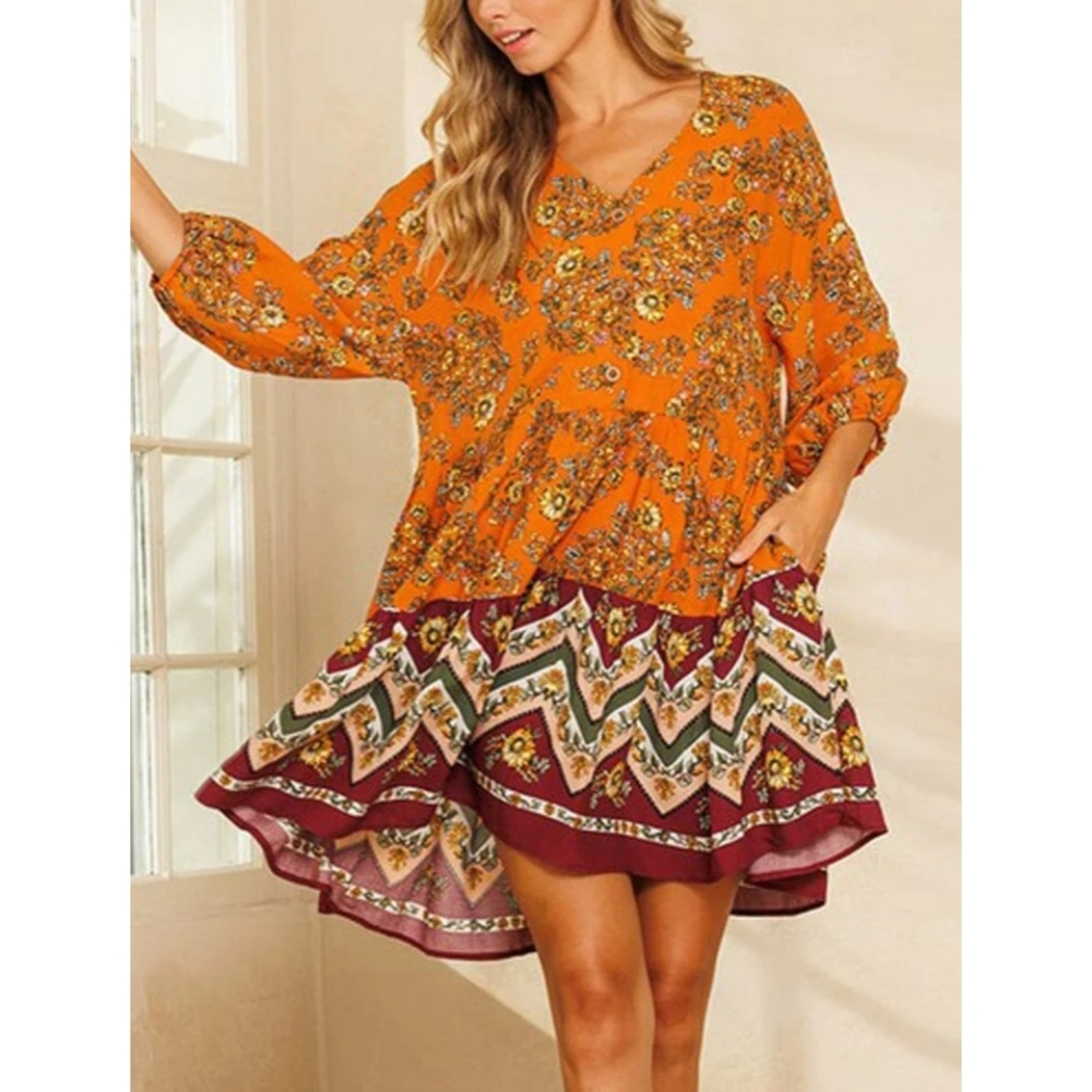 Boho orange/red multi print v-neck puffy sleeves tiered shift dress pockets - Picture 1 of 7